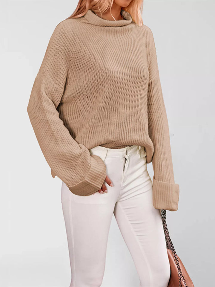 Oversized ribbed mock neck drop shoulder sweater