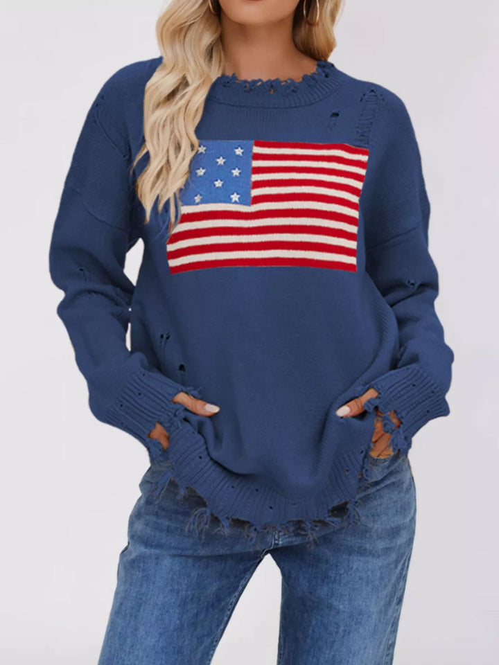 Distressed American flag knit sweater with raw frayed hem