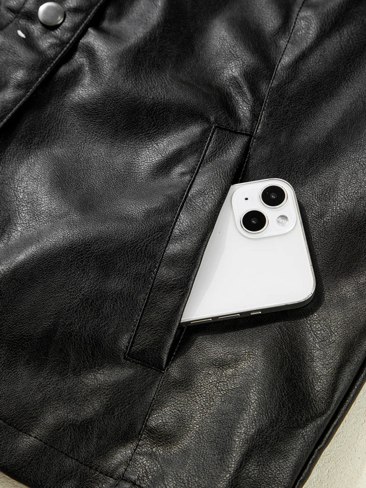 Faux leather snap-front boxy shirt jacket