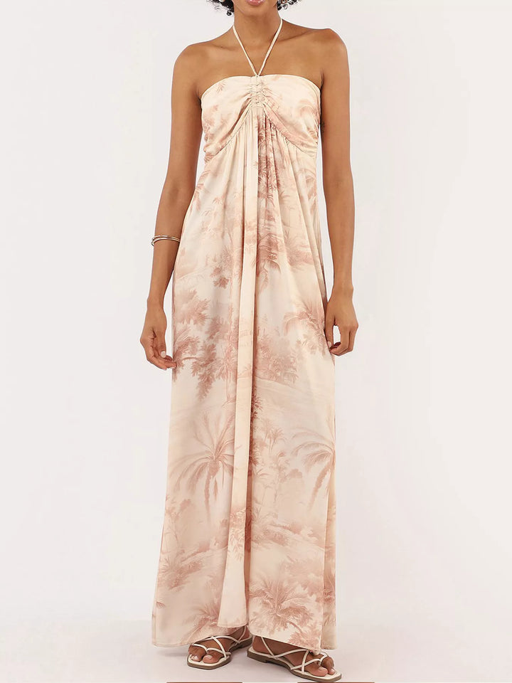 Tan Tropical palm print halter neck maxi dress