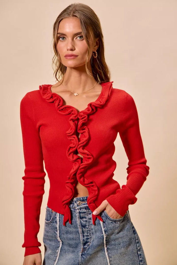 Ribbed knit cardigan with cascade ruffle trim