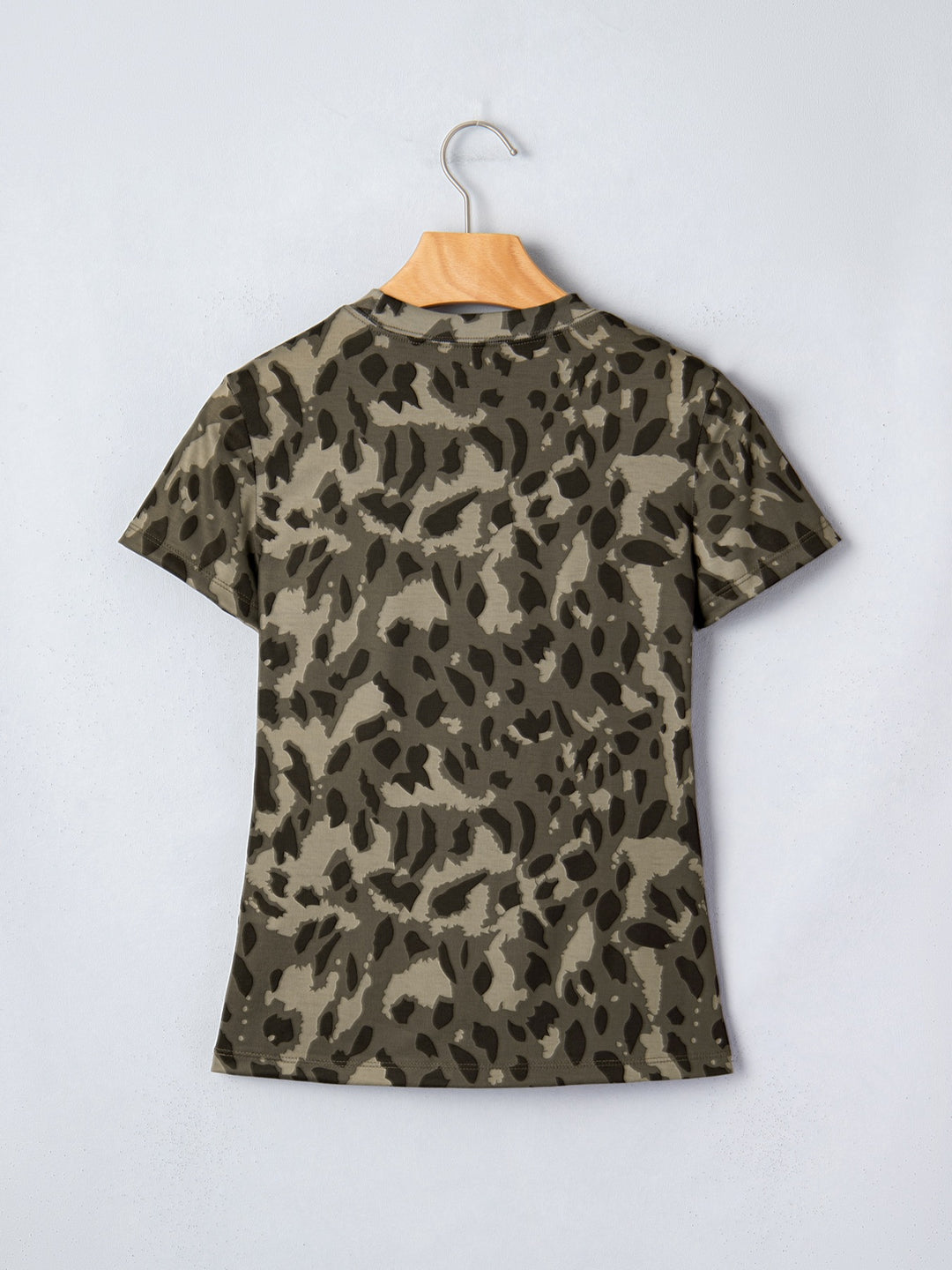 Leopard print mock neck fitted short sleeve tee