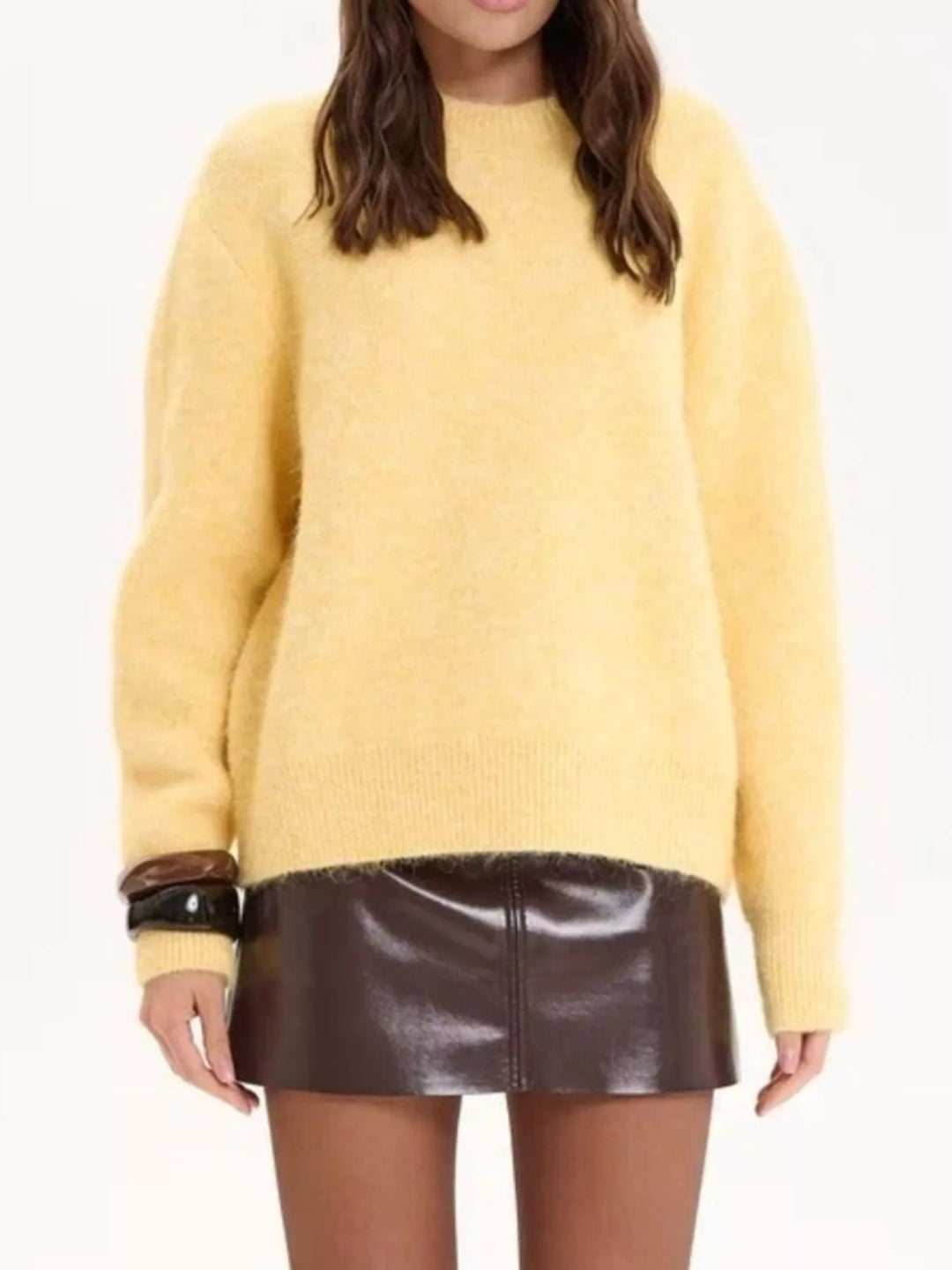 Dropped shoulder brushed knit crew neck sweater