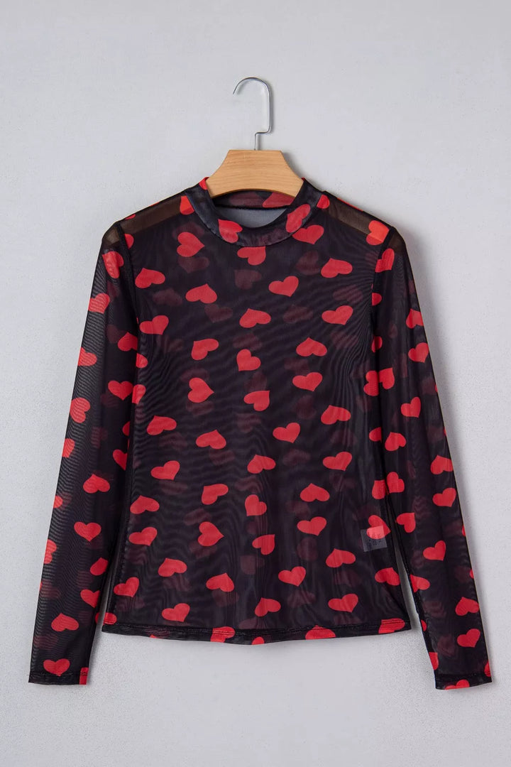 Heart print sheer mesh mock neck long sleeve crop top