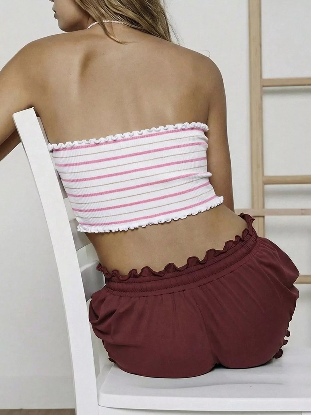 Ribbed striped tube top with lettuce-edge trim
