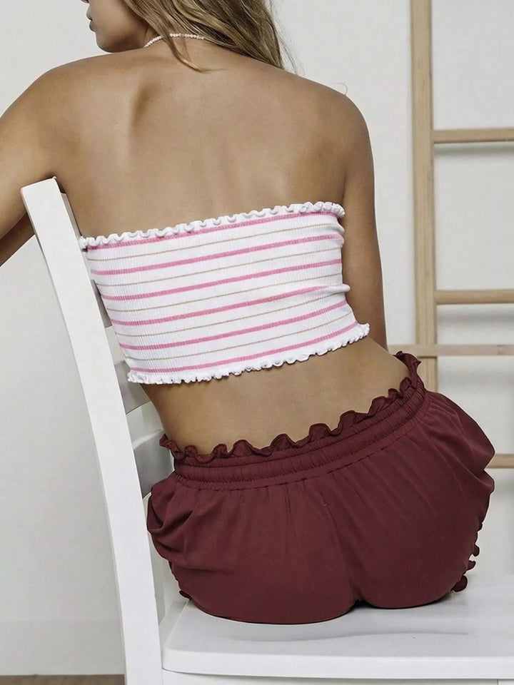 Ribbed striped tube top with lettuce-edge trim