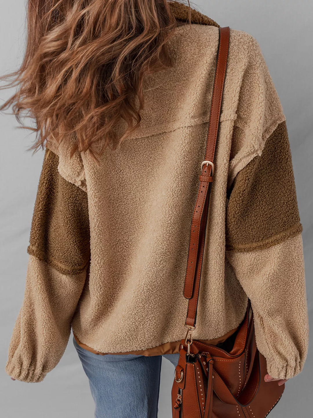 Color block sherpa pullover with half-snap placket