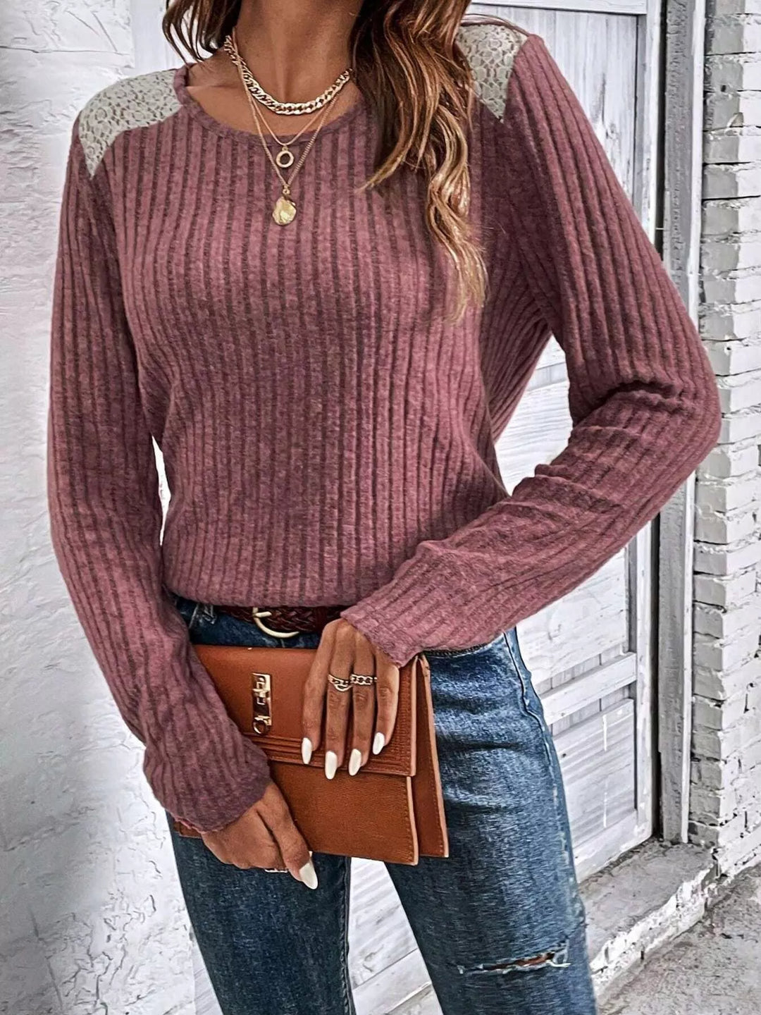 Cerise Ribbed knit top with lace shoulder panels and long sleeves