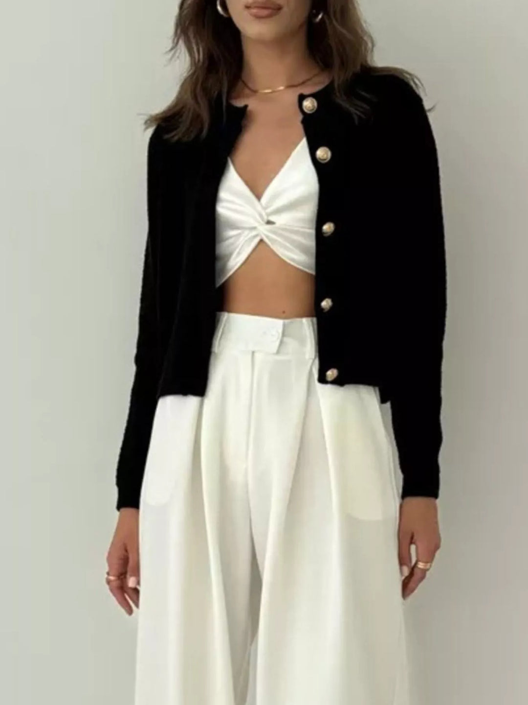 Textured waffle-knit button-up cardigan with gold buttons