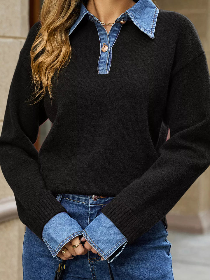 Denim collar knit sweater with button placket and cuffs