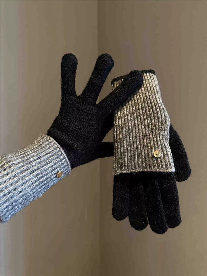 Black Two-tone ribbed knit convertible flip-top gloves
