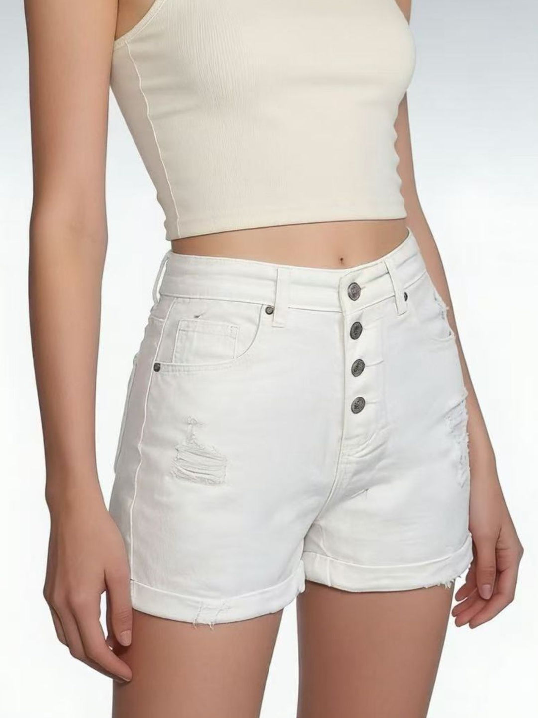 High-rise distressed denim shorts with button fly and rolled hem