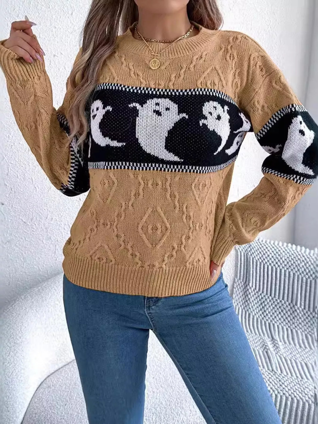 Ghost jacquard cable-knit crew neck sweater