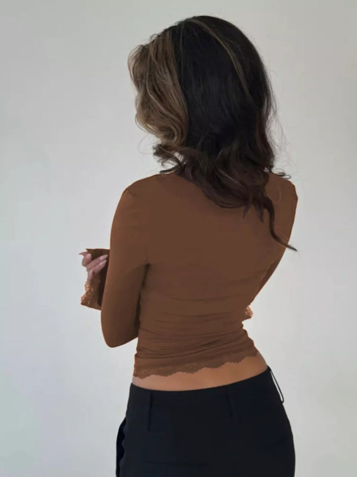 Lace trim long sleeve top with square neck and bell cuffs