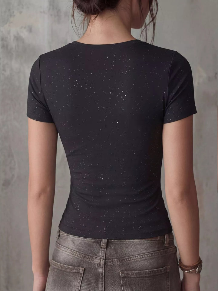 Short sleeve crop tee with crossover V-neck and glitter speckle