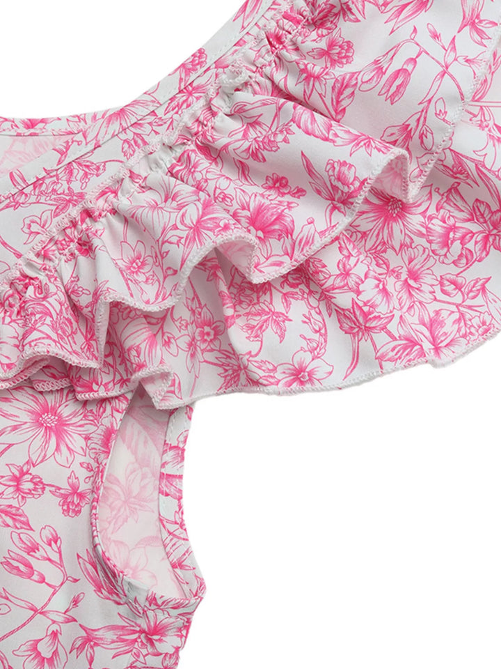 Floral print ruffle cap sleeve blouse with square neckline