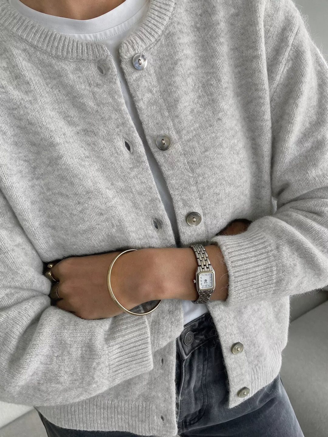 Brushed knit button-down cardigan with ribbed crew neck