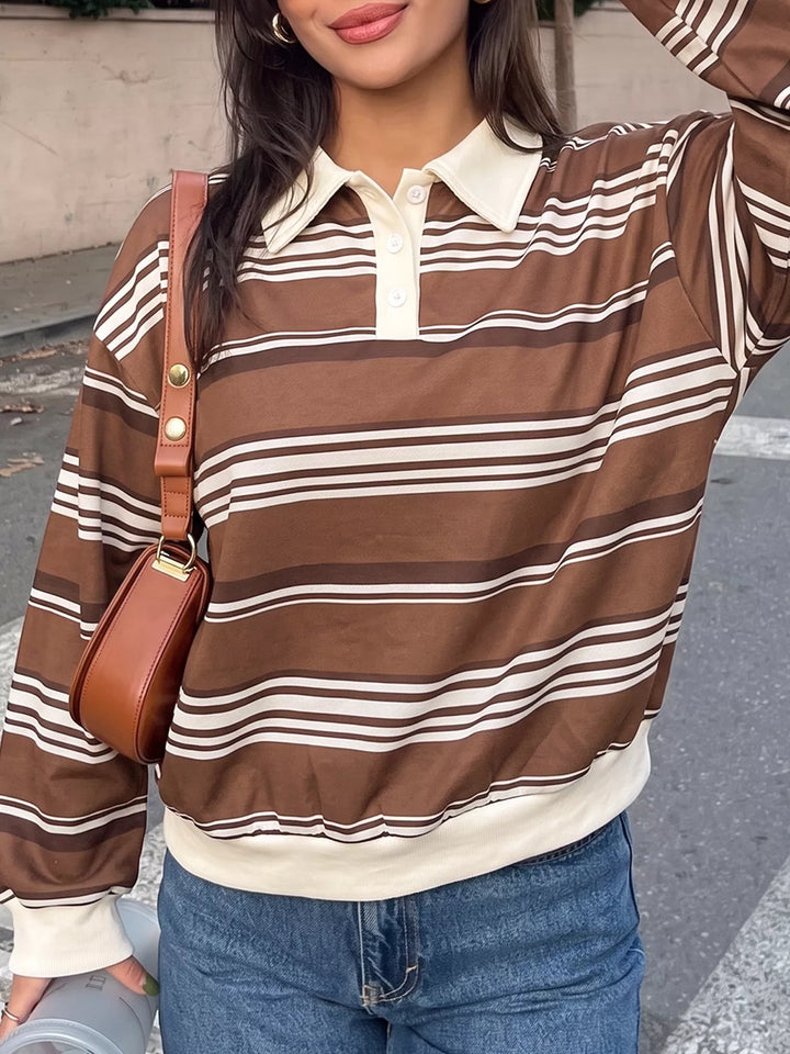 Coffee Brown Striped drop shoulder polo sweatshirt with button placket