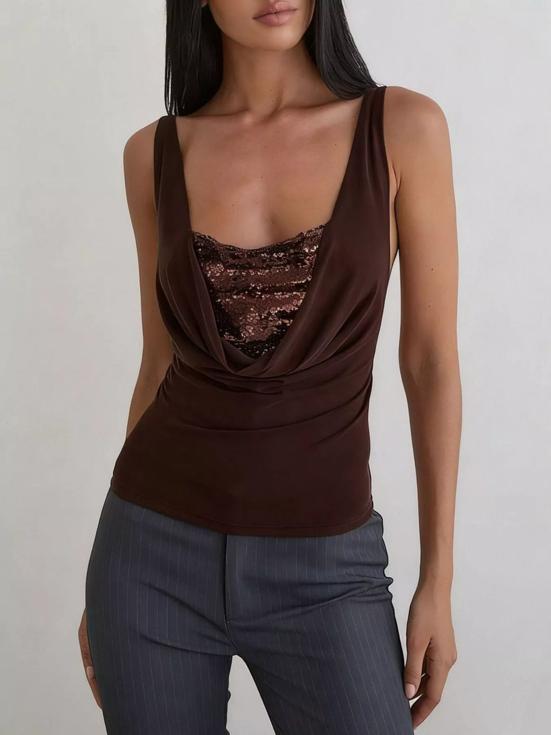 Cowl neck ruched tank top with sequin bust panel