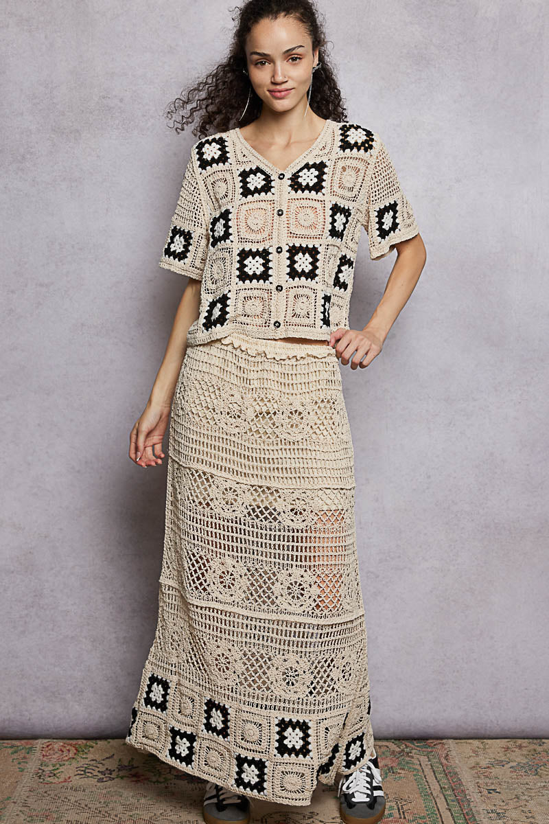 Granny square crochet maxi skirt with ruffled waistband