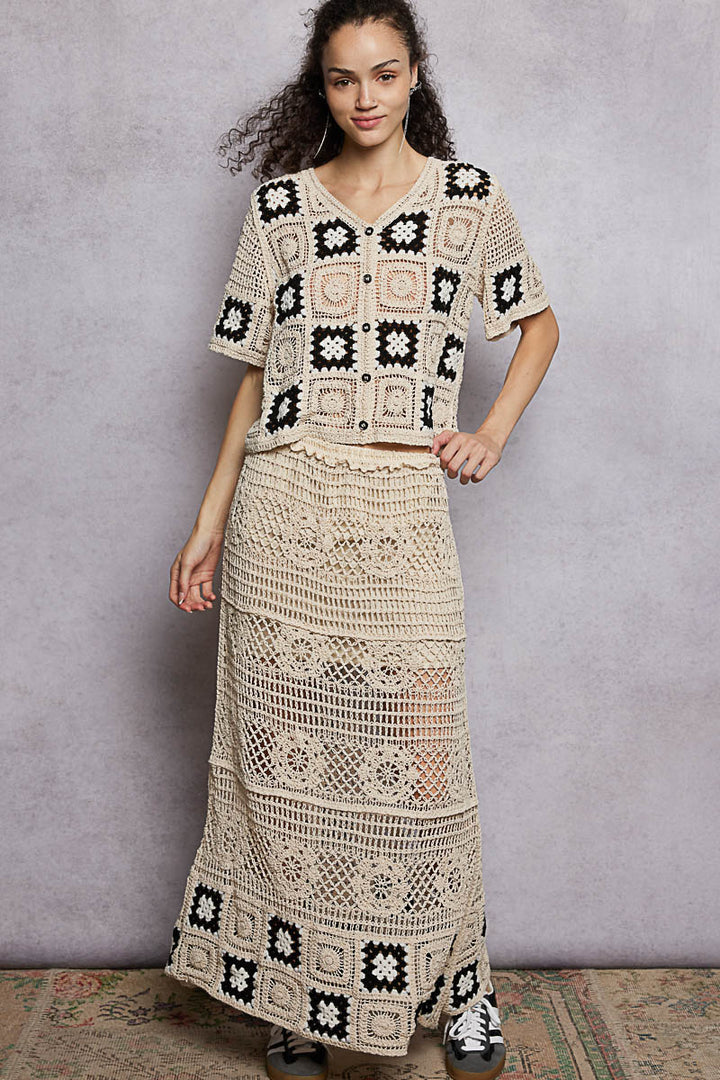 Granny square crochet maxi skirt with ruffled waistband