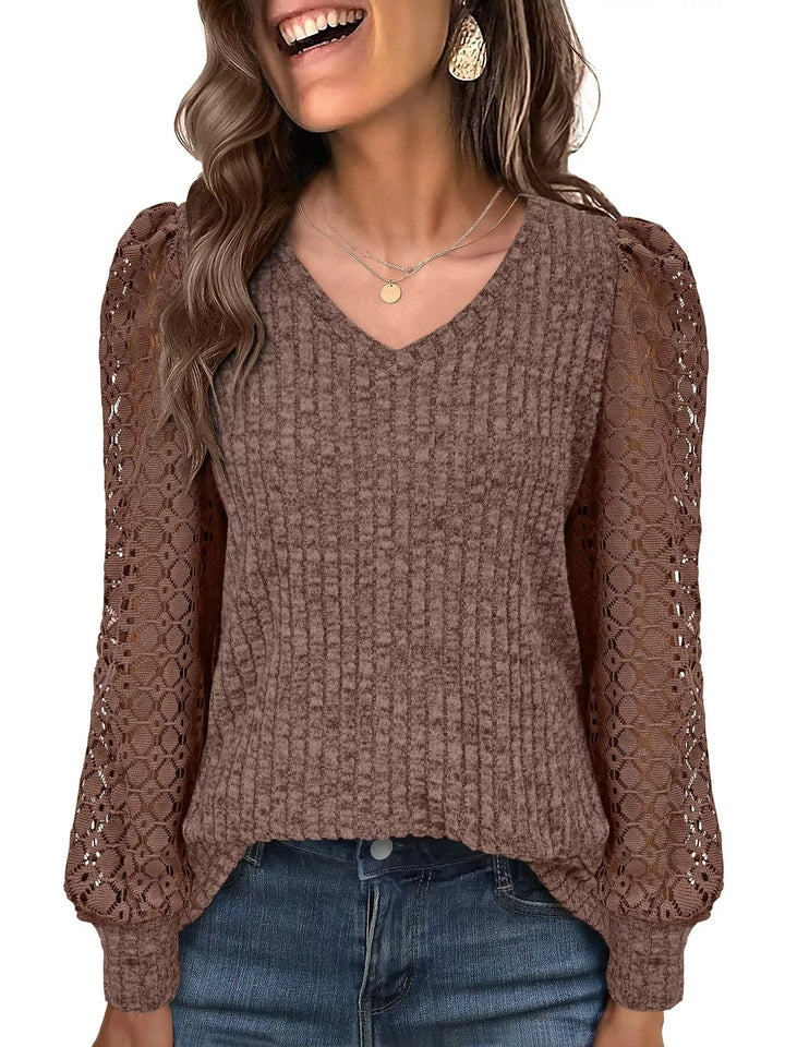 Sheer lace sleeve ribbed knit V-neck top