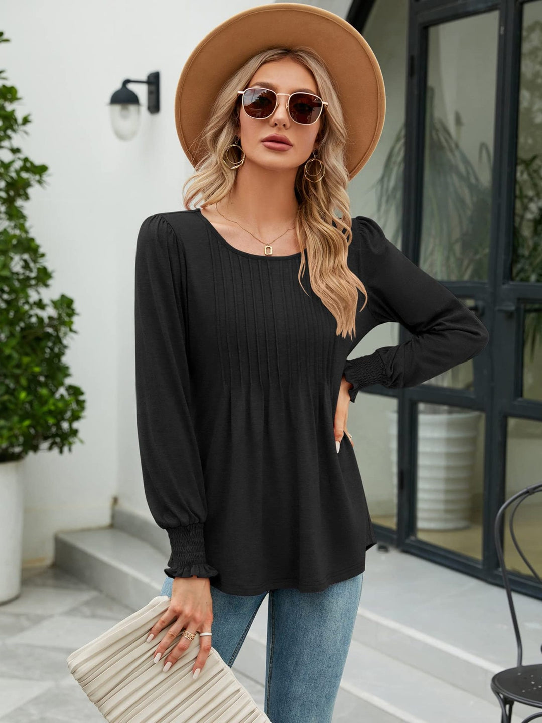 Black Pleated front lantern sleeve blouse with smocked cuffs