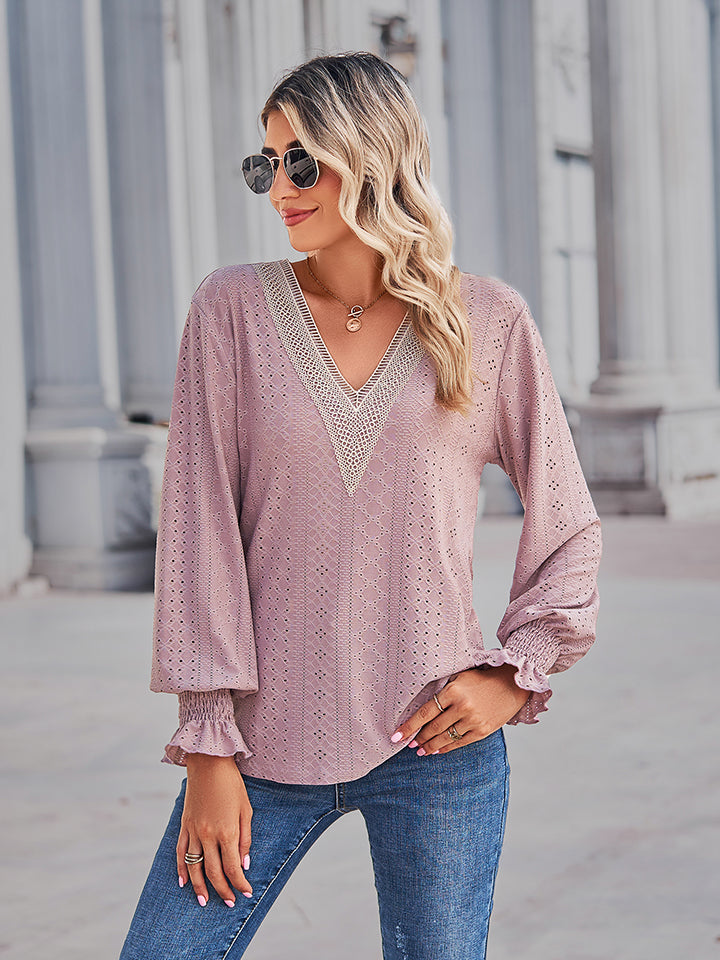 Eyelet V-neck blouse with lace trim and flounce sleeves