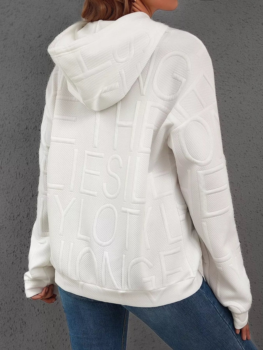 Textured embossed letter pullover hoodie with front pocket