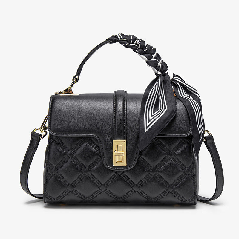 Quilted faux leather crossbody bag with scarf top handle