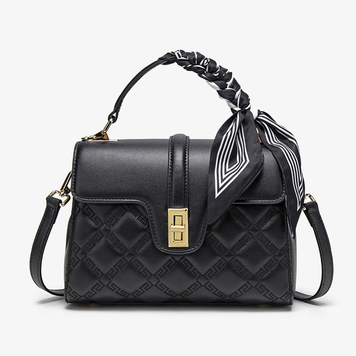 Quilted faux leather crossbody bag with scarf top handle