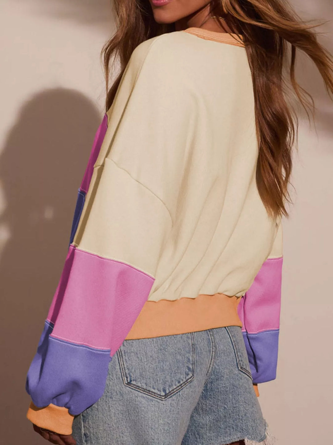 Color block drop-shoulder sweatshirt with ribbed trim