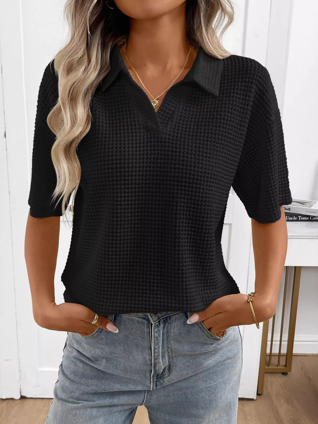 Striped waffle-knit collared short sleeve top