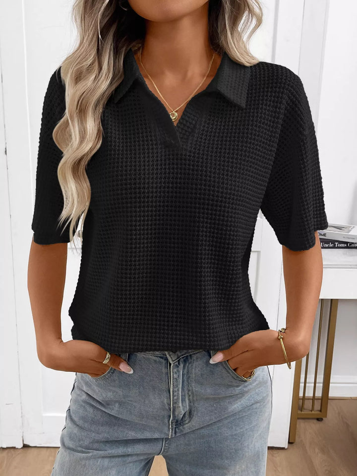 Striped waffle-knit collared short sleeve top