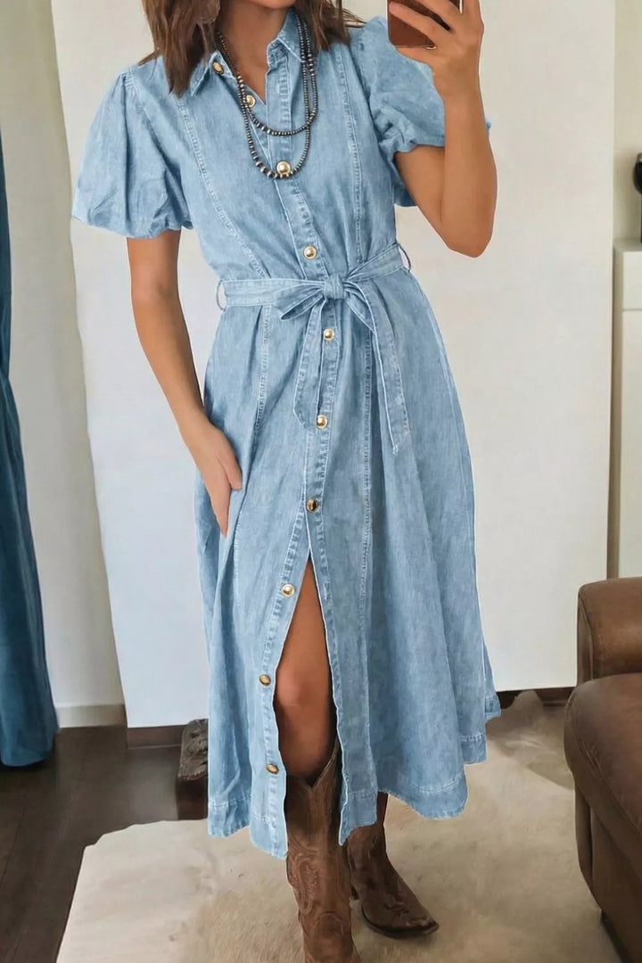 Belted chambray midi shirt dress with puff sleeves