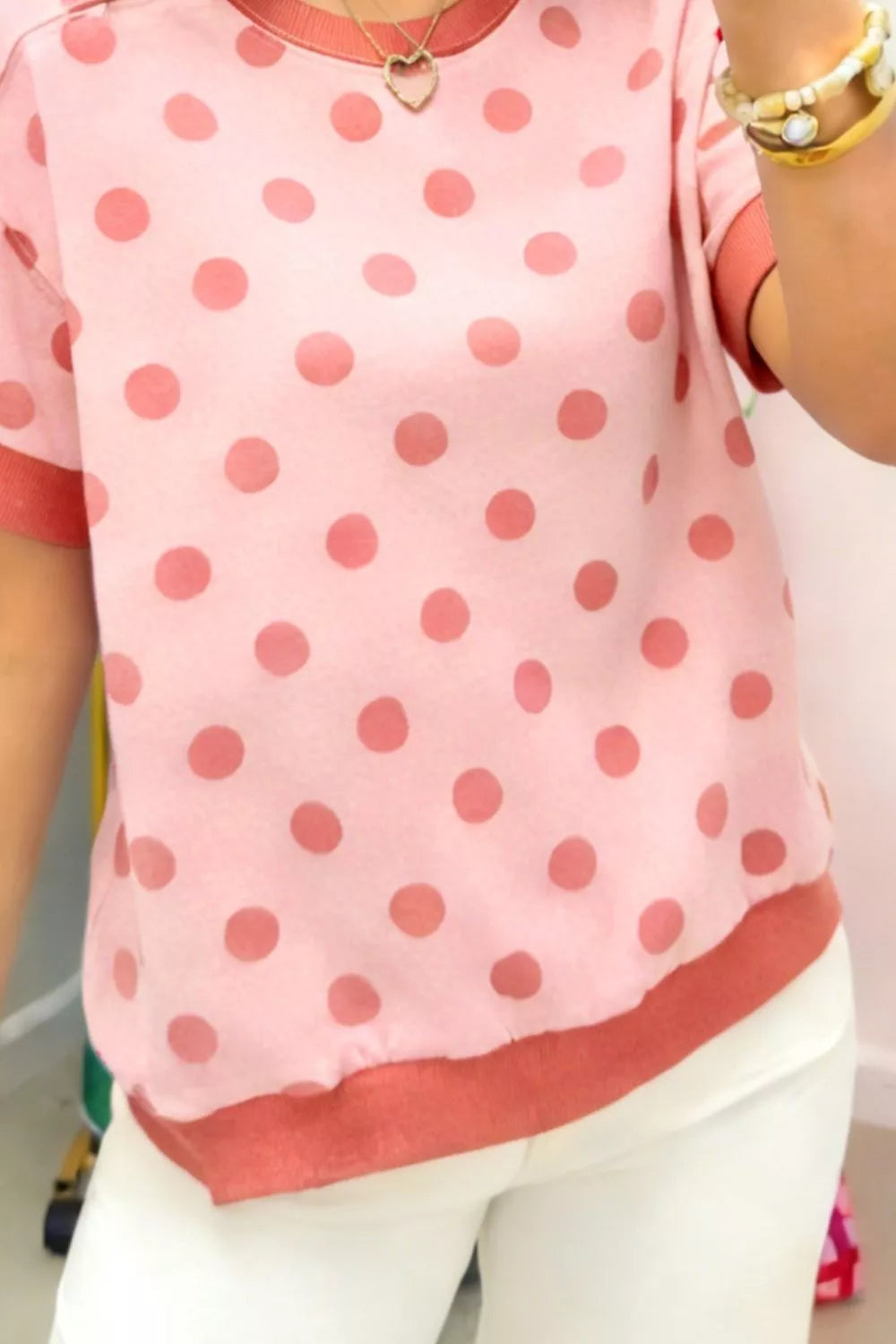 Polka dot short sleeve tee with contrast ribbed trim