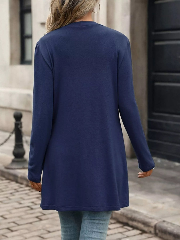 Longline V-neck button-front cardigan with patch pockets