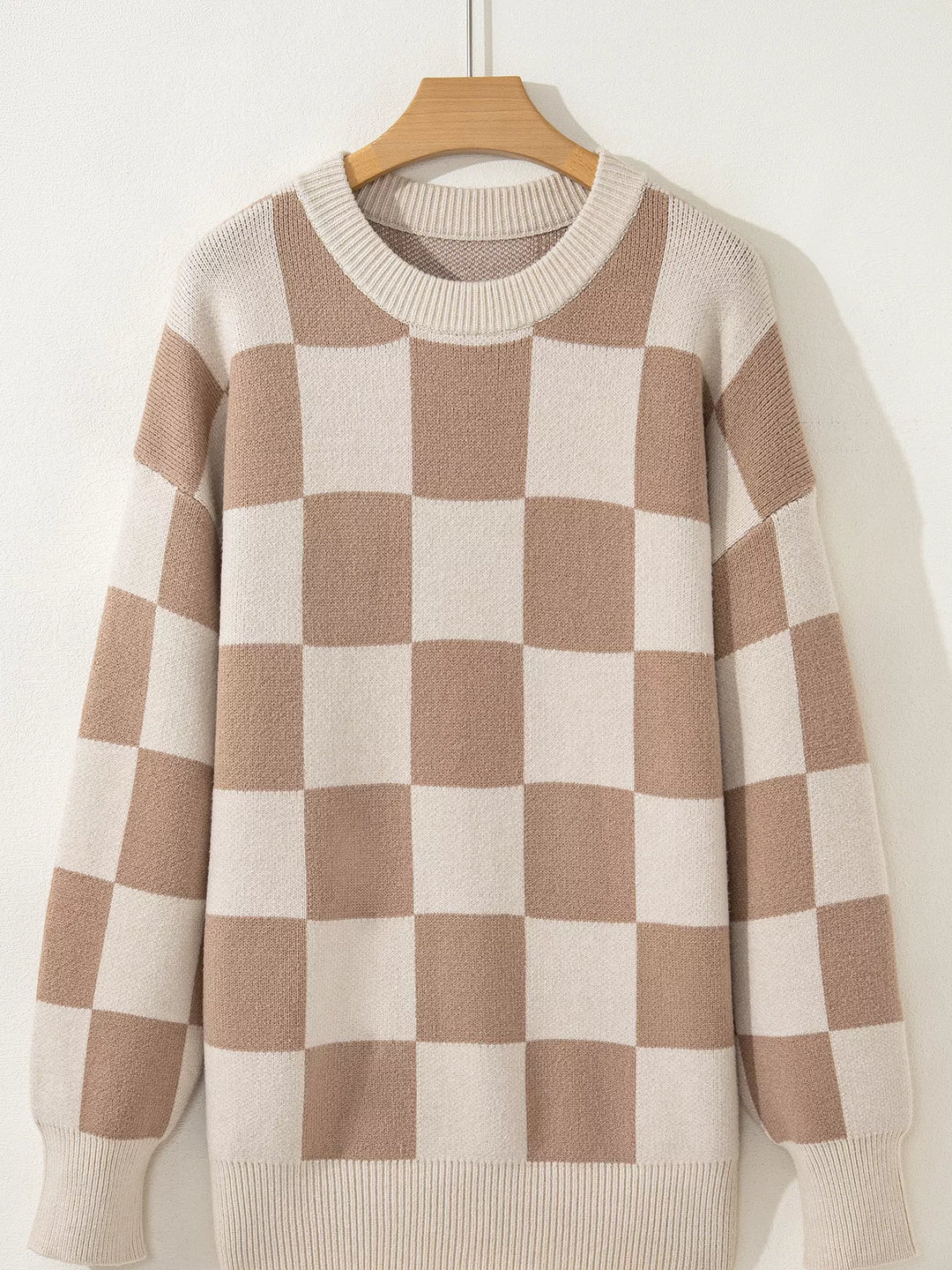 Checkered knit crewneck sweater with ribbed trim