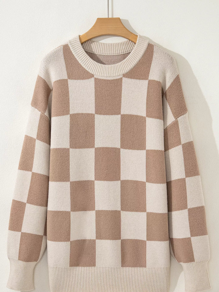 Checkered knit crewneck sweater with ribbed trim