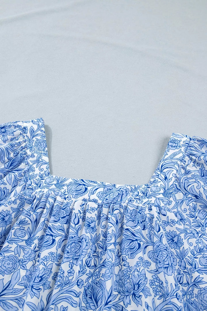 Square neck floral print puff sleeve blouse