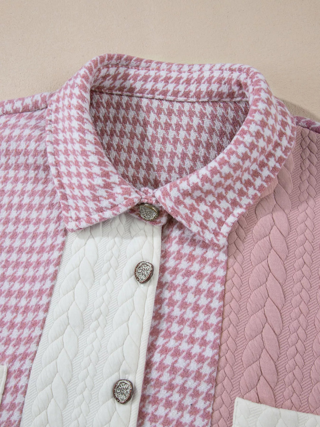 Houndstooth color block button-down shacket with chest pocket