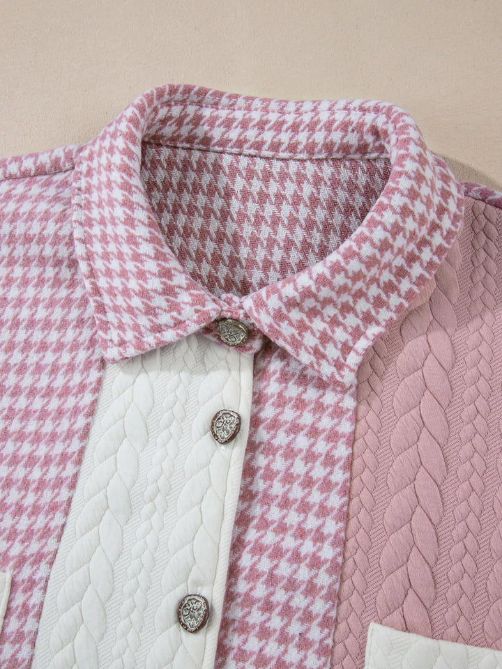 Houndstooth color block button-down shacket with chest pocket