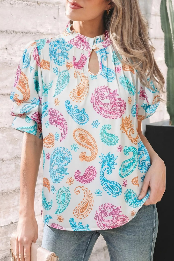 Paisley print keyhole blouse with ruffle neck and puff sleeves