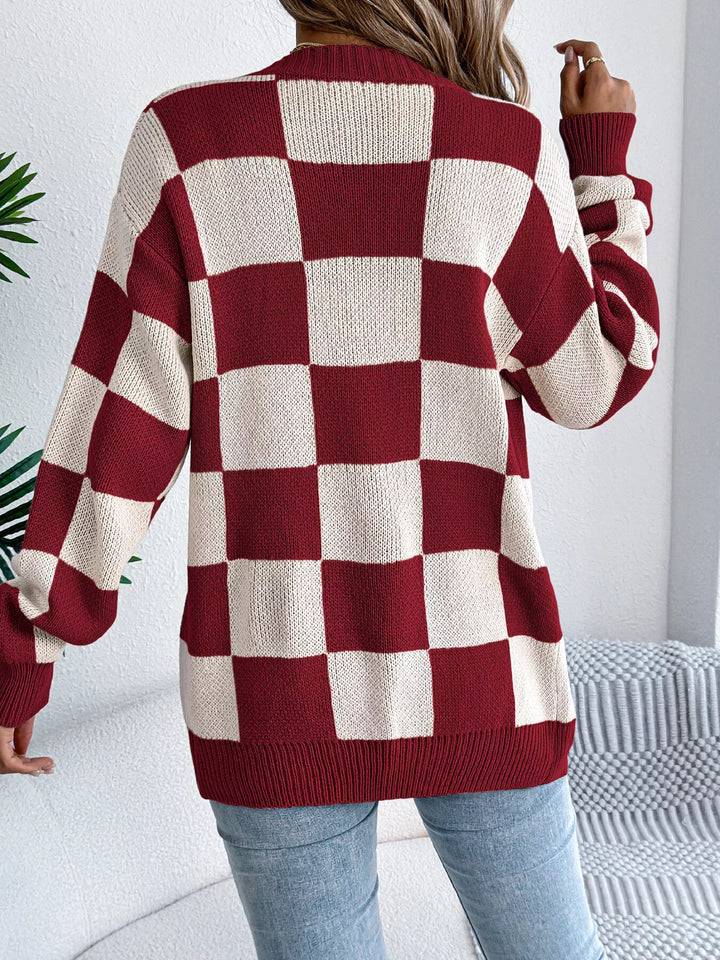 Checkerboard open front knit cardigan with ribbed trim