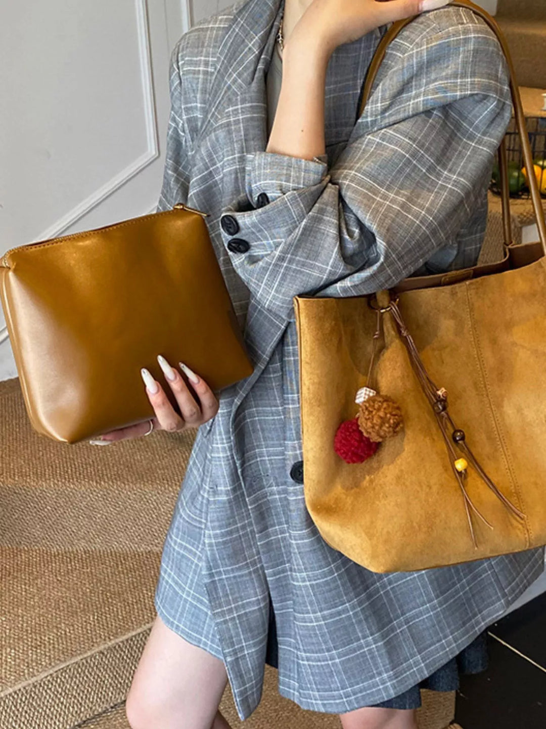 Large slouchy suede shoulder tote bag with pom charm