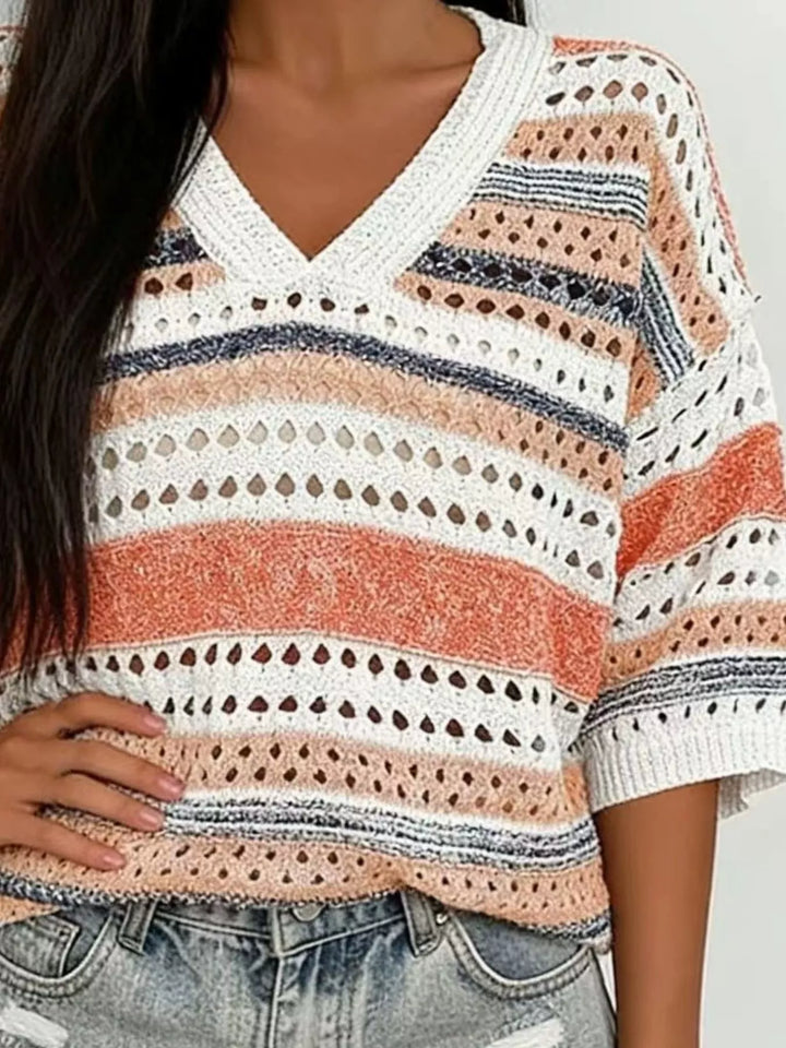 Striped openwork knit V-neck top with drop shoulders