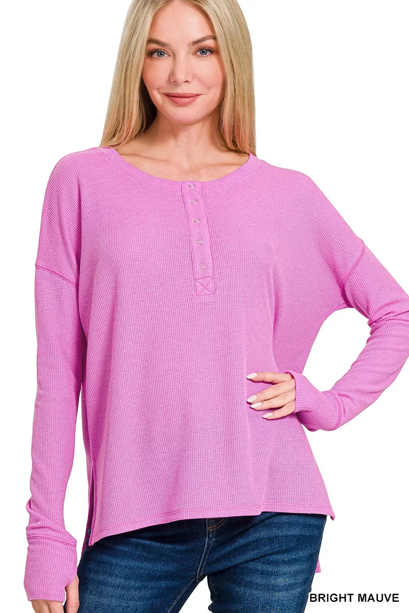 Waffle knit henley top with thumb hole cuffs
