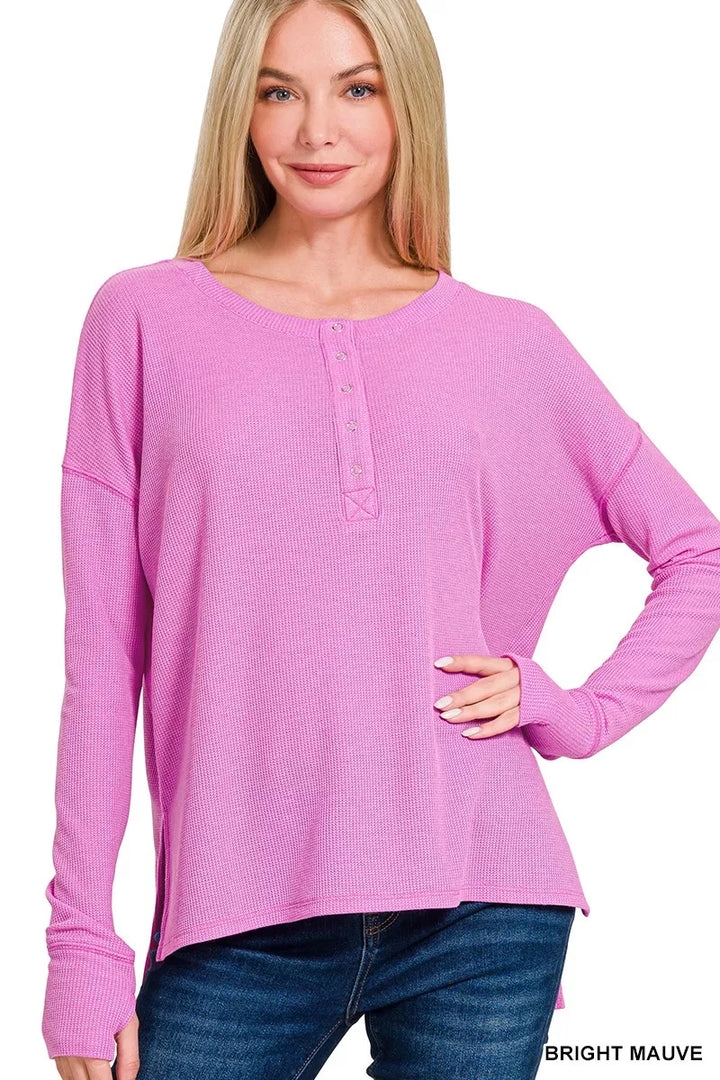 Waffle knit henley top with thumb hole cuffs
