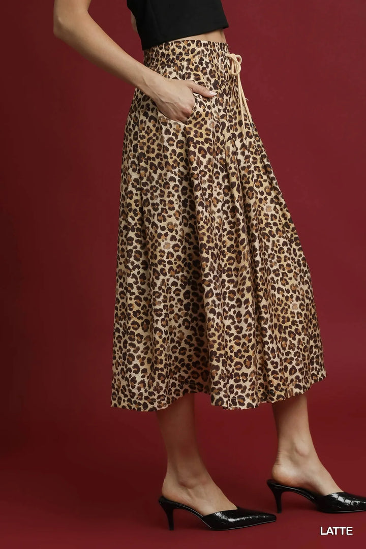 Pleated leopard print drawstring midi skirt