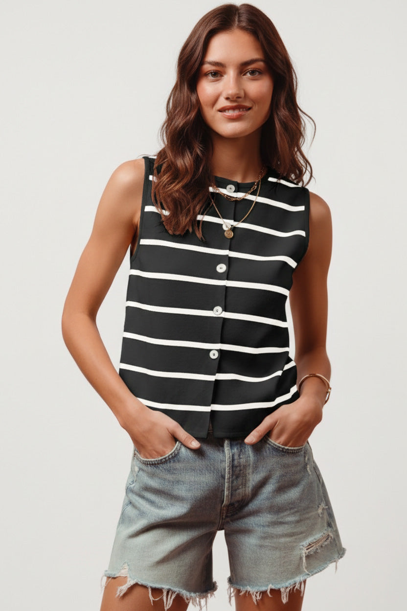 Striped button-front sleeveless sweater knit top